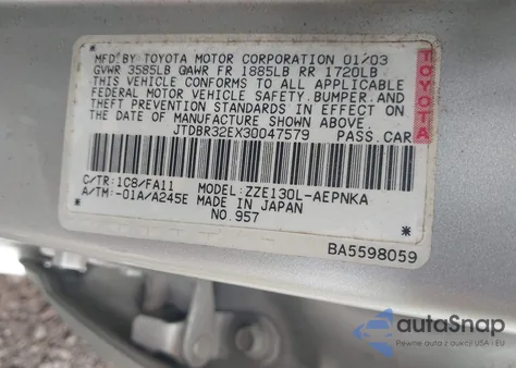 2003 Toyota Corolla Le z USA, uszkodzony, nr VIN JTDBR32EX30047579